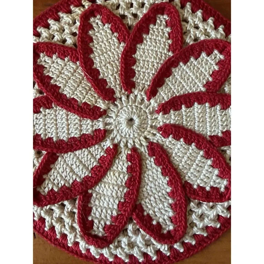Vintage Crochet Floral Hot Pad Trivet Set Red White Handmade Kitchen Decor Pair